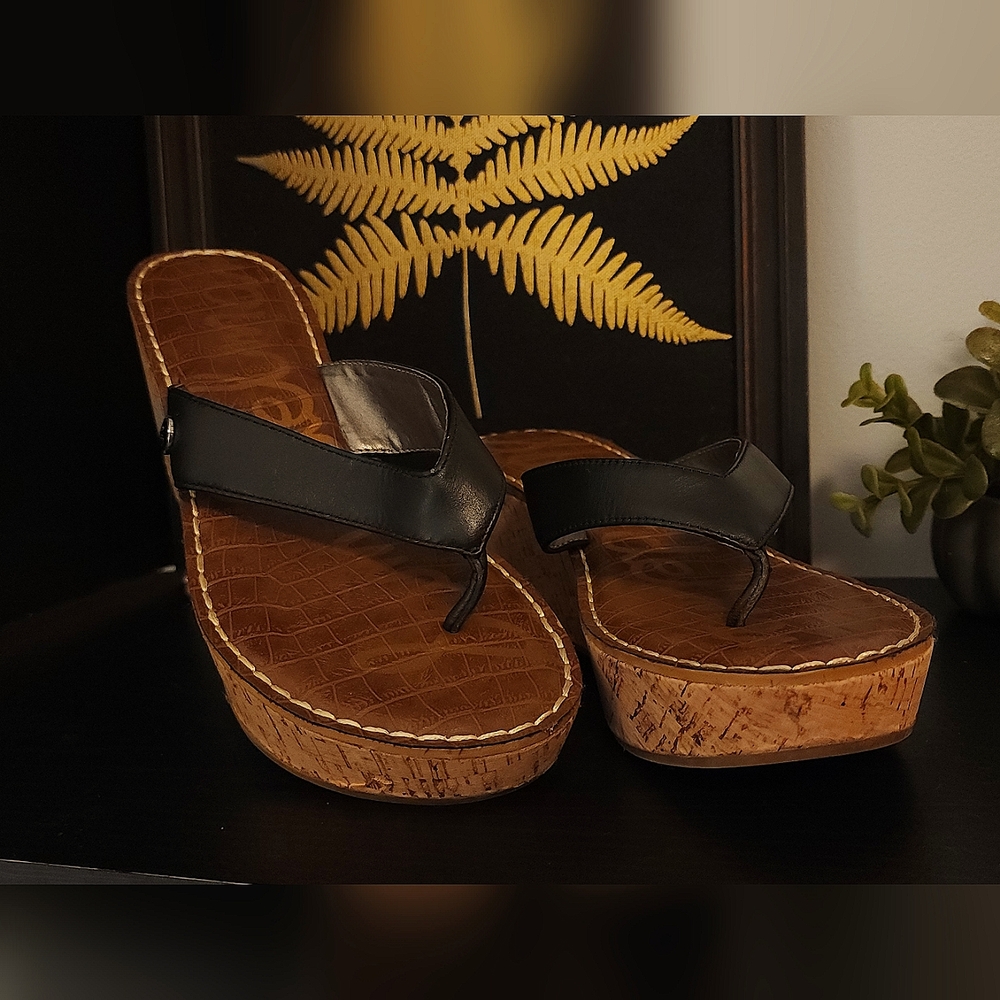 Sam Edelman Romy Cork & Black Leather Thong Wedge Sandals
